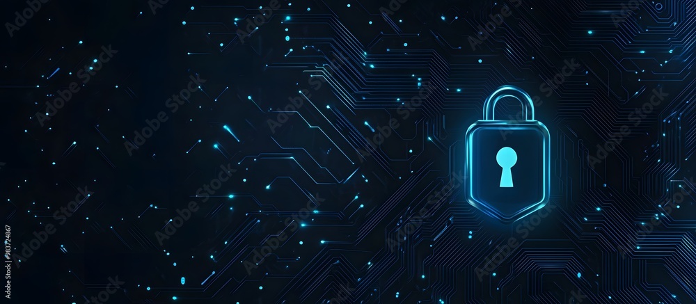 Poster abstract blue digital security lock icon on a dark background with a circuit board pattern, symboliz