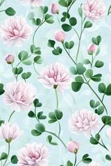 Fototapeta premium Clover flower pattern on light baby blue pastel background, top down view
