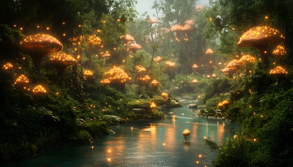 A mystical forest with glowing mushrooms, winding rivers, and floating islands, creating a magical and otherworldly feel