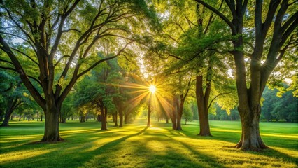 Sun shining through trees in park, Sunlight, Trees, Park, Nature, Sunny, Bright, Summer, Leaves, Shadows, Beauty, Serene