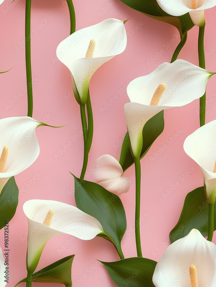 Poster a top down view of a soft pale pink pastel background adorned with a calla lily pattern lends a deli