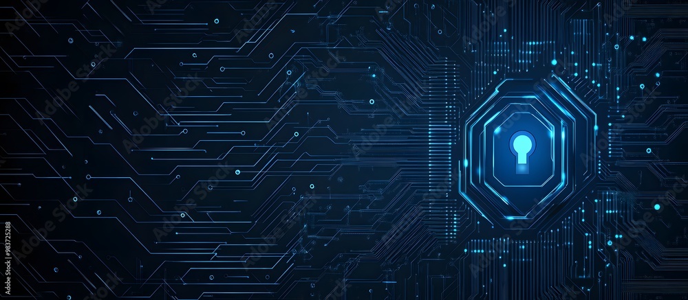 Poster abstract blue digital security lock icon on a dark background with a circuit board pattern, symboliz