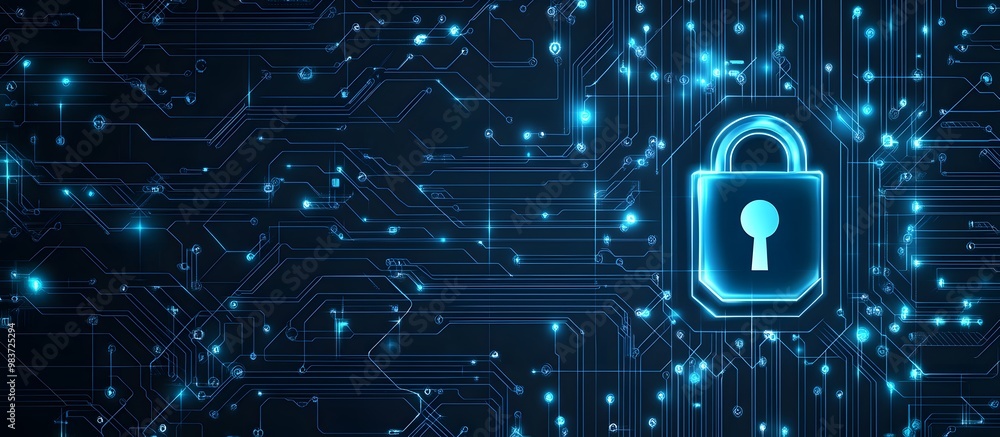 Poster abstract blue digital security lock icon on a dark background with a circuit board pattern, symboliz