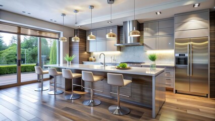 Modern kitchen with a sleek island, stainless steel appliances, bar stools, and pendant lighting