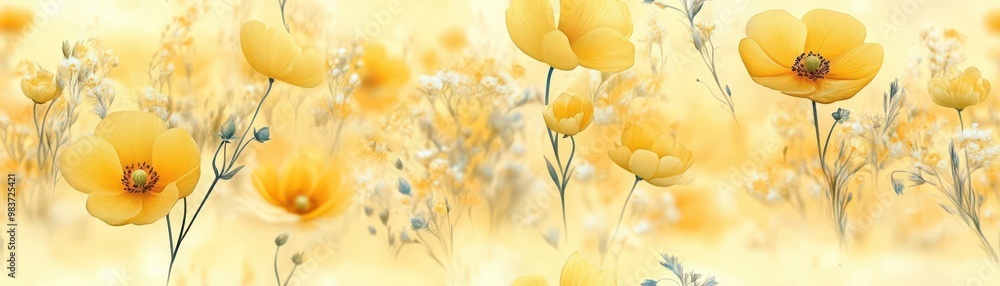 Poster buttercup pattern on soft yellow pastel background, top down view, creating a serene and inviting at