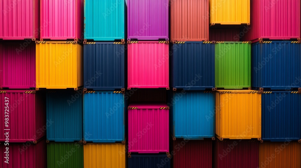 Poster a vibrant array of shipping containers stacked high, symbolizing the global trade network, internati