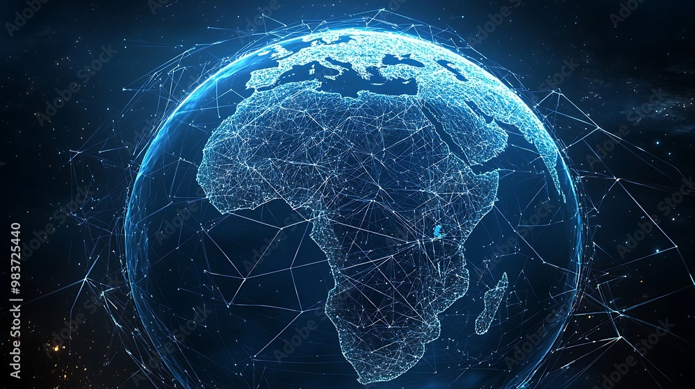 Wall mural visualization of a digital globe with africa at the center showing network flows.