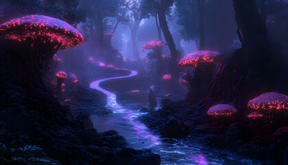 Fototapeta premium A mystical forest with glowing mushrooms, winding rivers, and floating islands, creating a magical and otherworldly feel