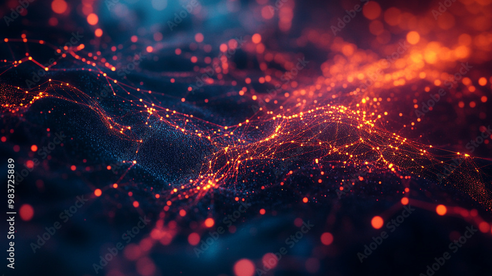 Poster abstract representation of interconnected glowing data points on a dark background at night