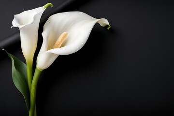 elegant white calla lily flowers on right side black empty paper on dark background. Funeral condolence, card sympathy floral concept