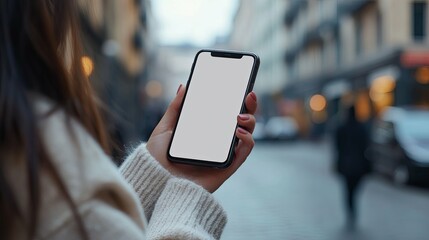 Woman Holding Smartphone with Blank Screen in City Setting