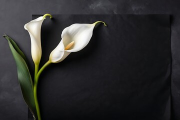 elegant white calla lily flowers on right side black empty paper on dark background. Funeral condolence, card sympathy floral concept