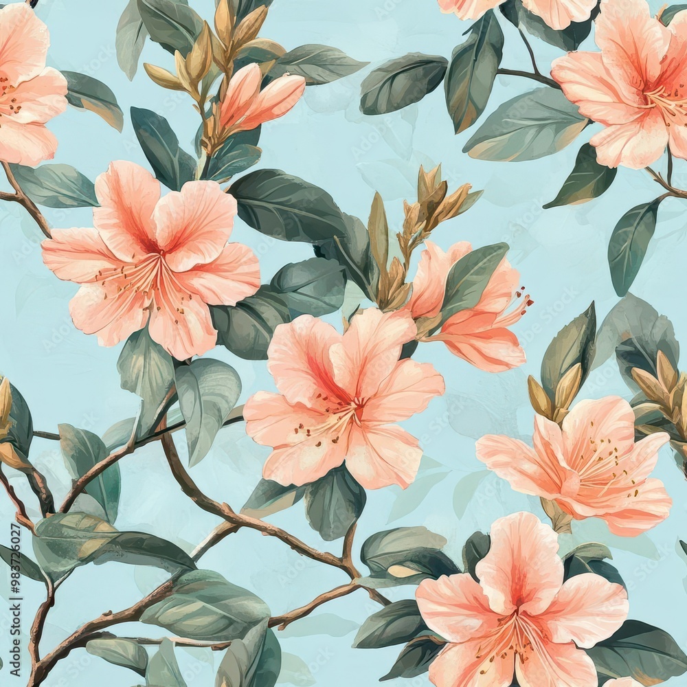 Poster azalea pattern on pale blue pastel background, top down view with a subtle hint of lavender.