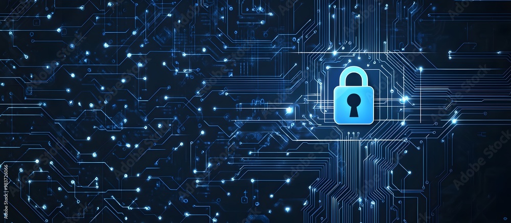 Poster abstract blue digital security lock icon on a dark background with a circuit board pattern, symboliz