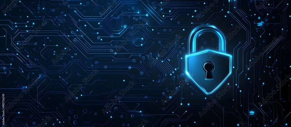 Poster abstract blue digital security lock icon on a dark background with a circuit board pattern, symboliz