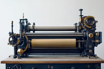 Fototapeta premium A vintage printing press machine used in the industry. A close up shot of a historical printing press, showcasing its intricate mechanisms, gears, and rollers, highlighting the importance of printing