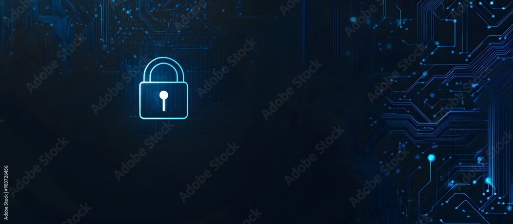 Poster abstract blue digital security lock icon on a dark background with a circuit board pattern, symboliz