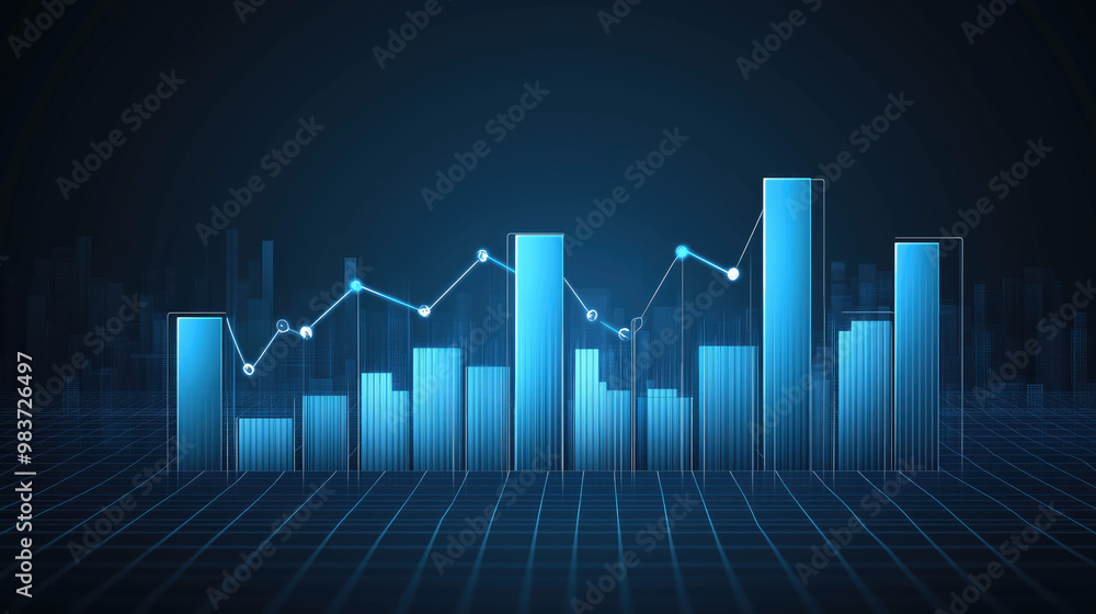 Poster futuristic 3d data visualization with glowing blue lines and stripes symbolizing growth and progress