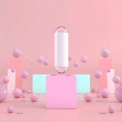 White Product Mockup on Pink and Blue Platforms with Floating Pink Spheres