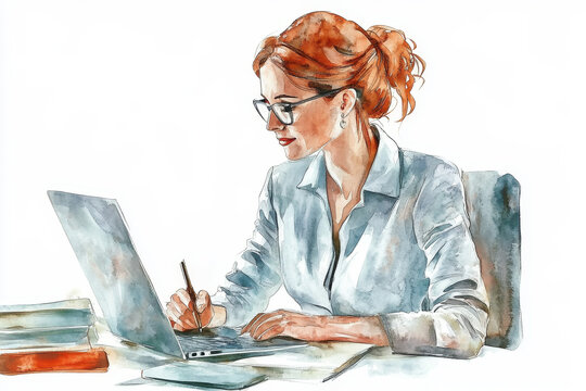 A watercolor illustration of a focused administrative assistant working diligently on a laptop, showcasing her professionalism, organization, and dedication to her tasks.