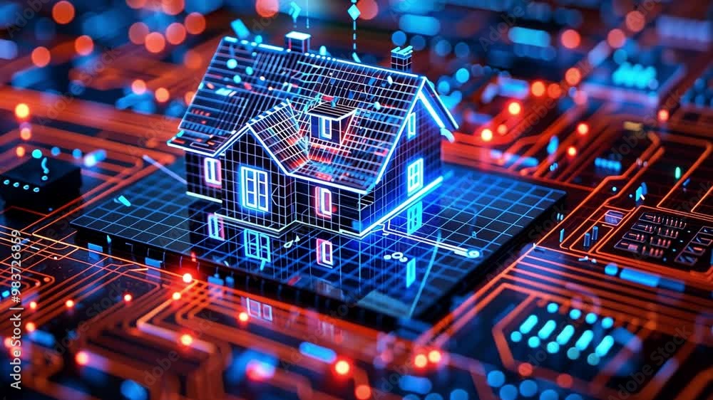 Leinwandbilder a digital representation of a house sits atop a vibrant circuit board, combining architecture with a
