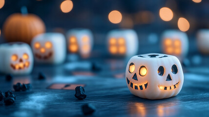 Close up of carved pumpkin dice with glowing eyes, creating spooky Halloween atmosphere. warm light contrasts with dark background, enhancing festive mood