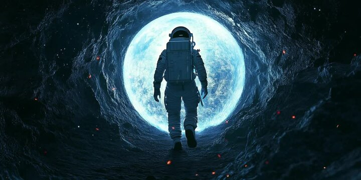 Astronaut approaching a glowing portal gate in a surreal fantasy landscape, filled with mystery and wonder
 Seamless looping 4k time-lapse virtual video animation Generated AI