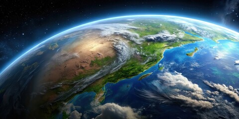 Aerial view of Earth's surface from above with rendering, aerial, flying, planet, Earth, surface, rendering, view