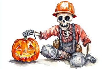 A watercolor illustration of a skeleton dressed as an electrician holding a jack-o'-lantern, perfect for Halloween decorations, spooky themes, and DIY projects.