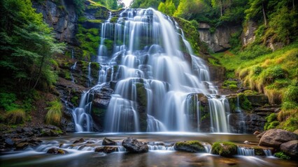 Fototapeta premium Vertical long exposure shot of waterfall cascading down the mountainside , waterfall, long exposure, vertical