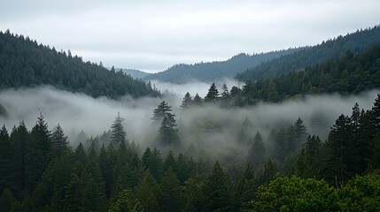 Fog rolling through a valley filled with lush green trees.
