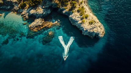 Aerial View of a Jet Ski Creating the Letter Y on the Turquoise Sea Near a Rocky Island, Captured from a Bird's-Eye Perspective, Perfect for Summer Vacation Concepts with High-Resolution Clarity and P