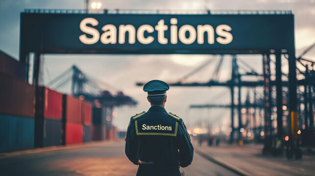 A customs officer stands resolutely in front of large sign reading Sanctions, symbolizing enforcement of trade regulations. scene captures tension and importance of trade control