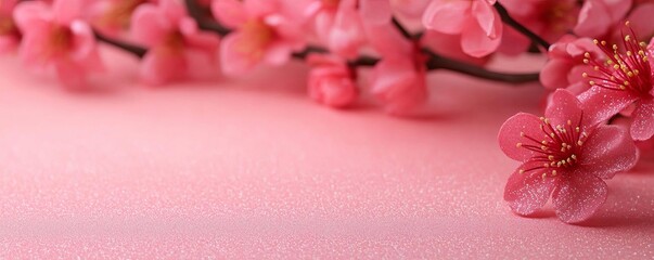 Obraz premium Pink glitter dust scattered over a delicate floral design, with soft, muted tones and gentle curves creating a sense of peace and harmony in a simple, elegant composition
