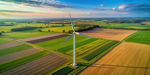 Aerial drone view of wind turbine on farmland during the day, wind turbine, renewable energy, onshore, aerial