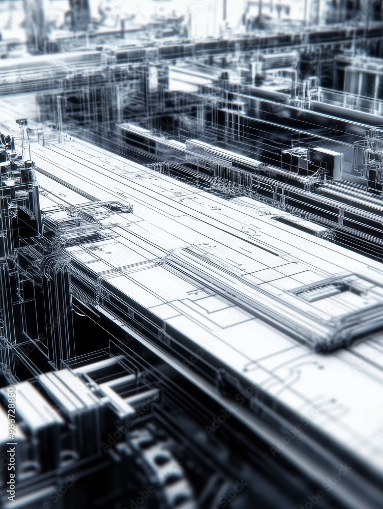 Poster a wireframe of a futuristic factory packaging machine, showcasing intricate details and complex mech