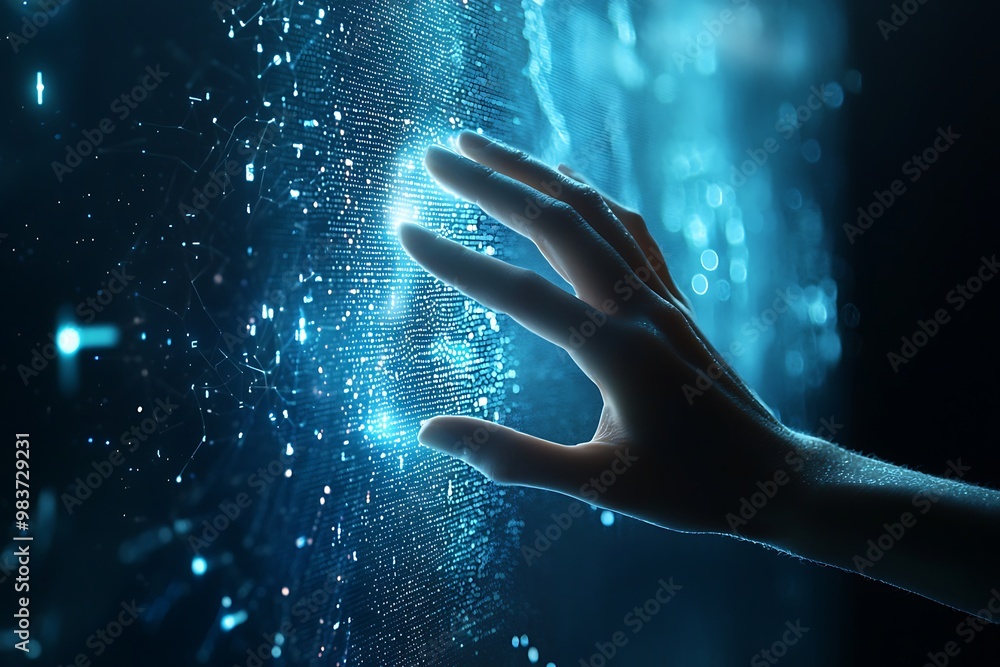 Wall mural hands touch digital screen illustrating big data and ai network.