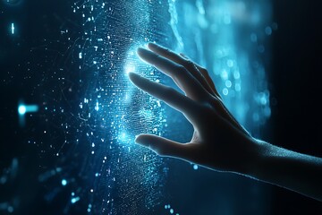 Hands touch digital screen illustrating big data and AI network.