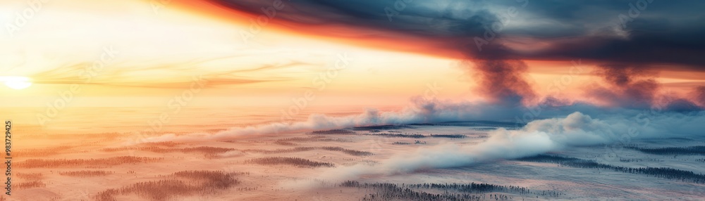 Wall mural Dramatic Sunset with Smoke and Clouds over a Snowy Landscape.