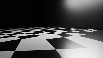 Abstract checkerboard pattern with a light source shining from above, creating a dramatic effect.  Represents contrast, perspective, and the play of light and shadow.