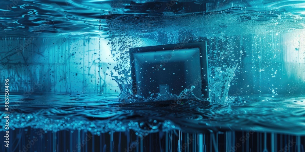 Poster compromised firewall with computer network immersed in water