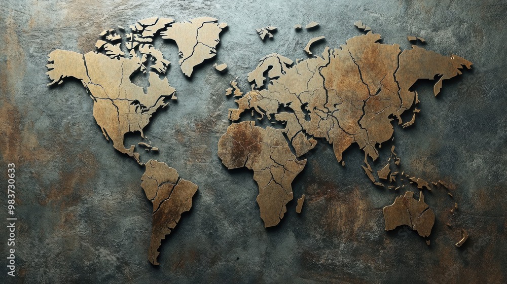 Poster a detailed map of world with textured surface, showcasing cracks and rustic appearance. this artisti