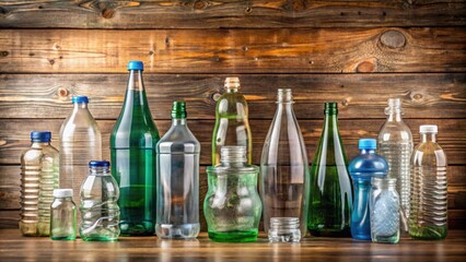 Variety of glass and plastic bottles on a rustic wooden surface, containers, liquid, beverage, storage, packaging, eco-friendly