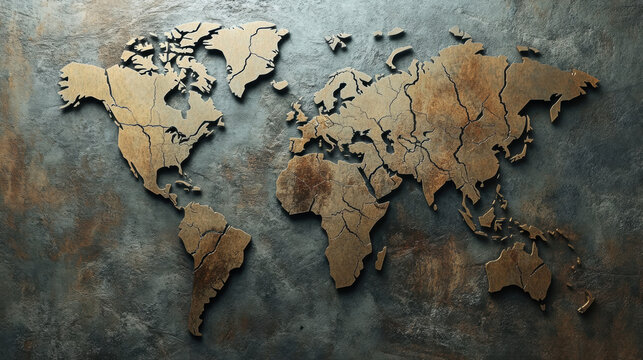 A detailed map of world with textured surface, showcasing cracks and rustic appearance. This artistic representation highlights continents and oceans, evoking sense of exploration and adventure