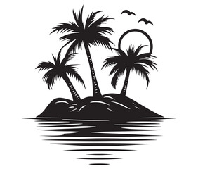 Silhouette tropical island with palms tree and landscape vector 