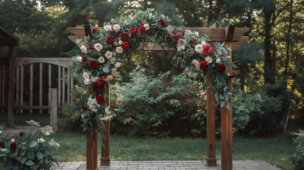 Rustic Wedding Arch with Lush Floral Decor: A wooden arbor adorned with a vibrant cascade of red and white roses, lush greenery, and delicate foliage creates a breathtaking backdrop for a romantic out