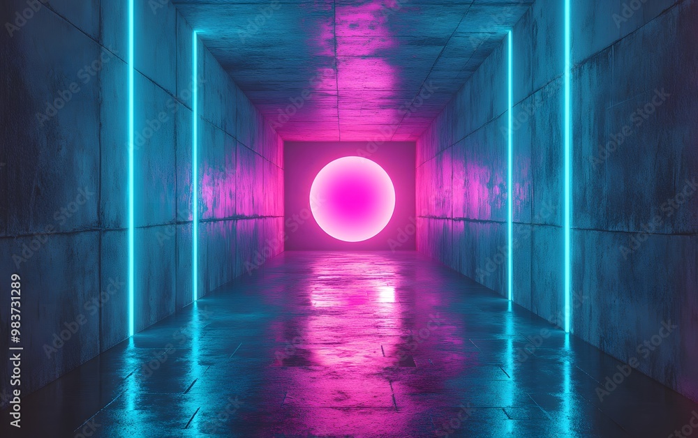 Poster abstract neon background with glowing lines forming round arches, empty tunnel for product display o