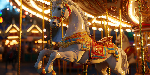 A white horse is on the carousel, generative AI