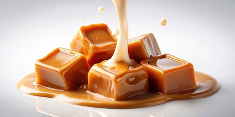 Salty caramel candy with milk caramel sauce flowing down, candy, caramel, salted, sweet, dessert, treat, confectionery
