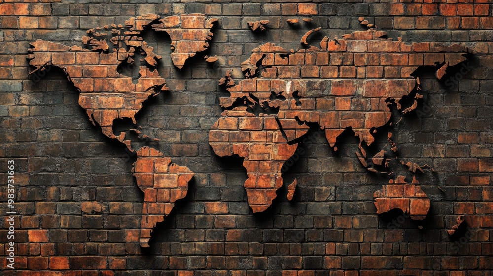Poster a world map created from tall brick walls, showcasing continents in unique and artistic manner. text
